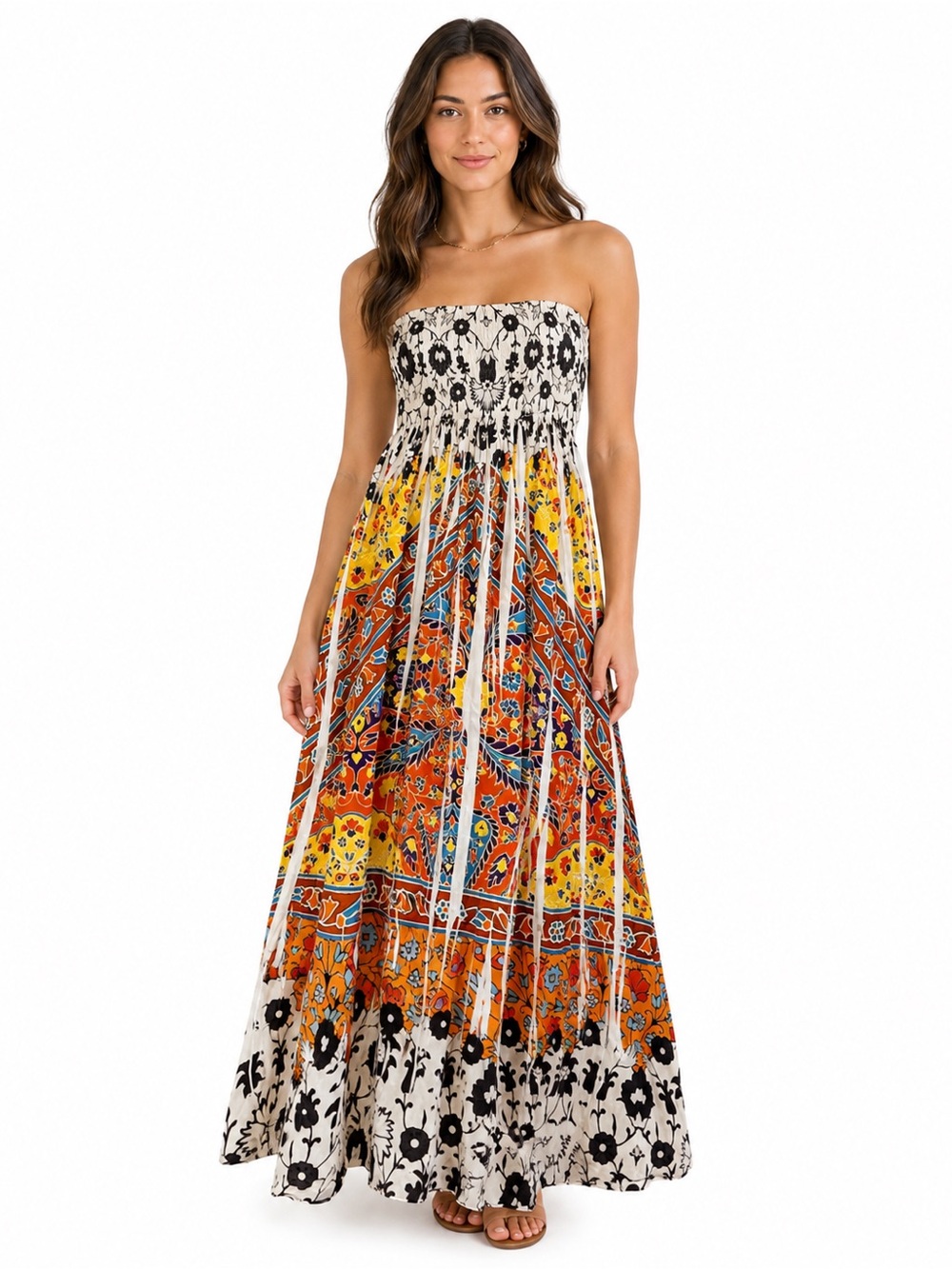 Style & Co Women’s M Strapless Smocked Boho Floral Border Print Maxi Dress
